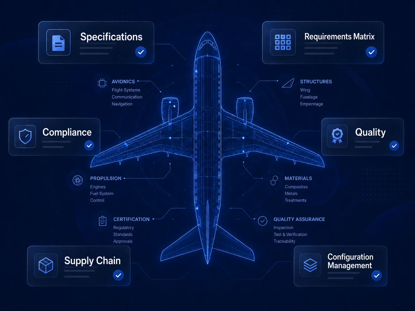 Complejidad aeronáutica: especificaciones, requisitos, conformidad, calidad, supply chain y gestión de la configuración